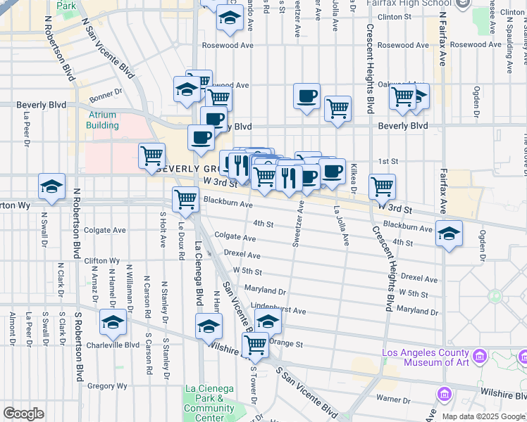 map of restaurants, bars, coffee shops, grocery stores, and more near 8371 Blackburn Avenue in Los Angeles