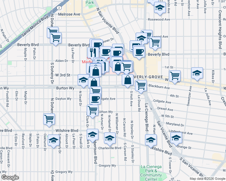 map of restaurants, bars, coffee shops, grocery stores, and more near 8665 Burton Way in Los Angeles