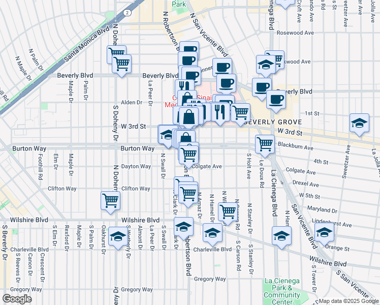 map of restaurants, bars, coffee shops, grocery stores, and more near 8757 Burton Way in West Hollywood