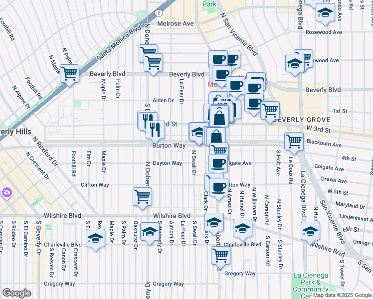 map of restaurants, bars, coffee shops, grocery stores, and more near 8901 Burton Way in Los Angeles