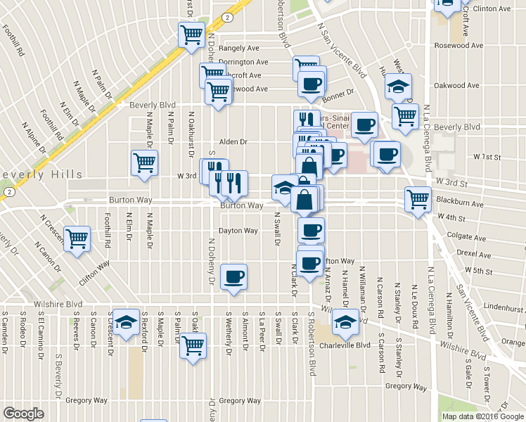 map of restaurants, bars, coffee shops, grocery stores, and more near 8901 Burton Way in Los Angeles