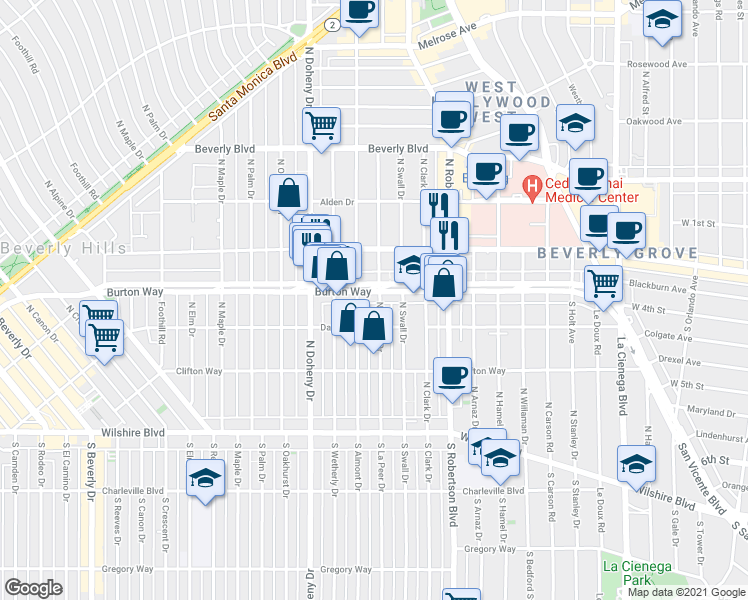map of restaurants, bars, coffee shops, grocery stores, and more near 330 South Almont Drive in Los Angeles