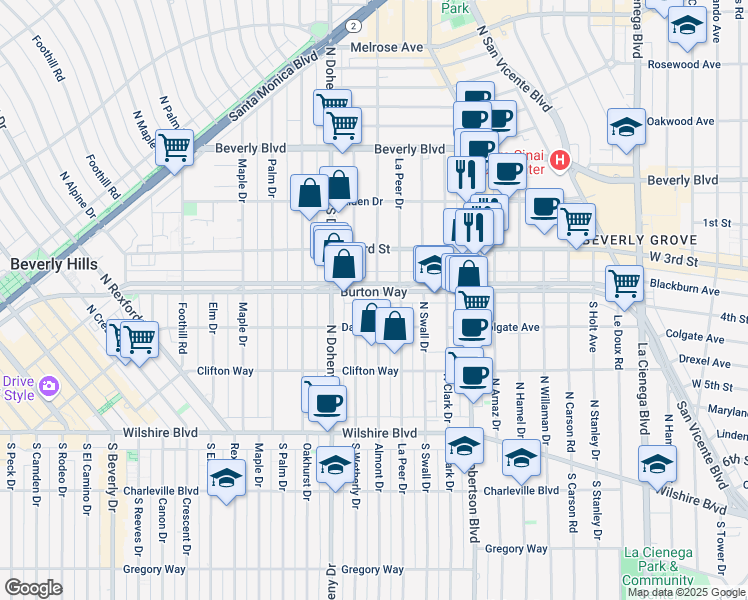 map of restaurants, bars, coffee shops, grocery stores, and more near 330 South Almont Drive in Los Angeles