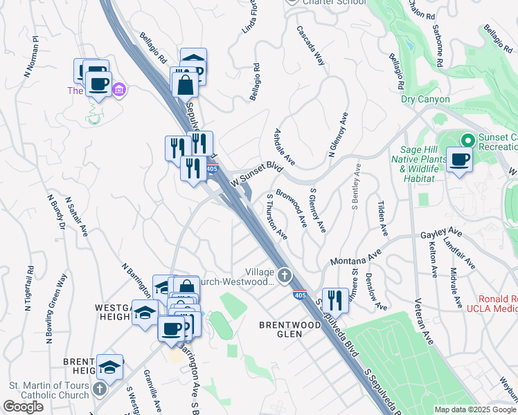 map of restaurants, bars, coffee shops, grocery stores, and more near 151 South Thurston Avenue in Los Angeles
