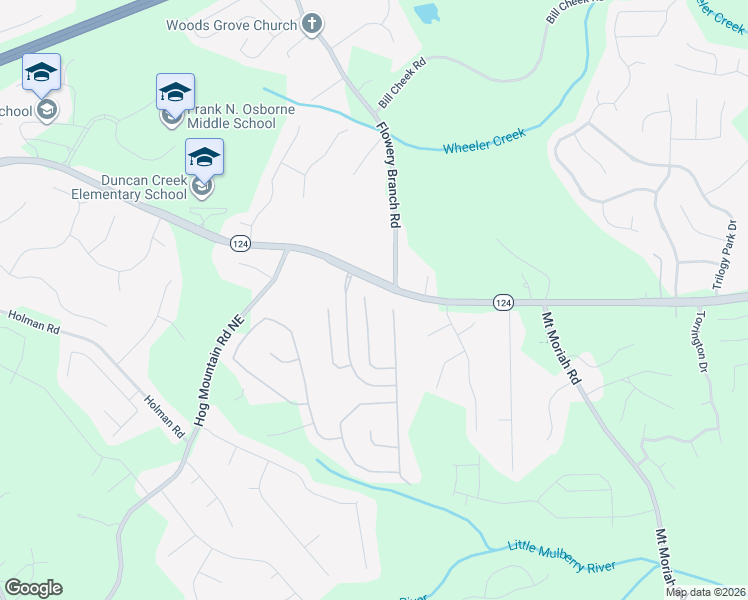 map of restaurants, bars, coffee shops, grocery stores, and more near 2091 Skybrooke Court in Hoschton