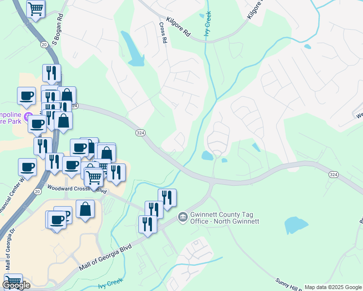 map of restaurants, bars, coffee shops, grocery stores, and more near 3263 Mill Springs Circle Northeast in Buford