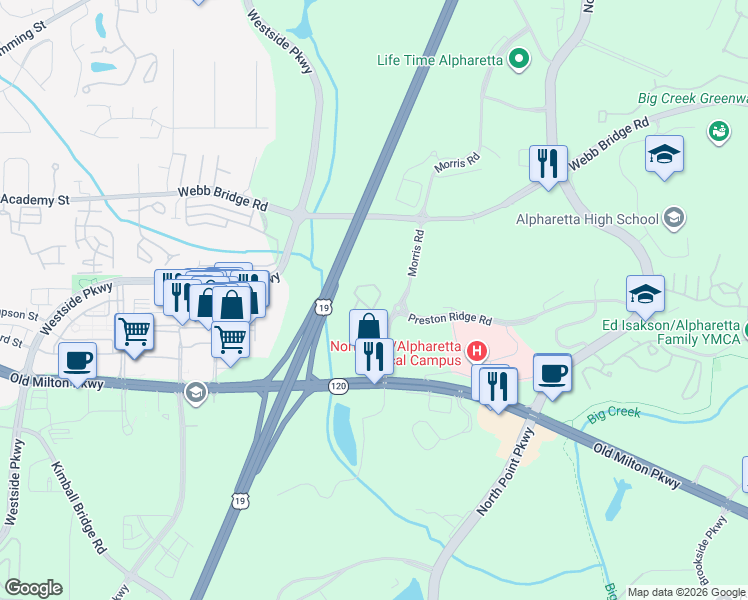 map of restaurants, bars, coffee shops, grocery stores, and more near 5 Country Place Court in Alpharetta