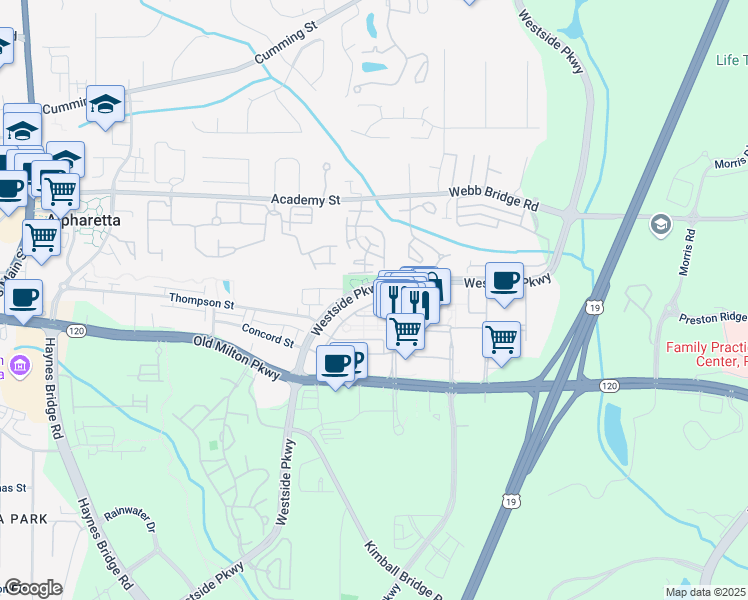 map of restaurants, bars, coffee shops, grocery stores, and more near 100 Grand Crescent in Alpharetta