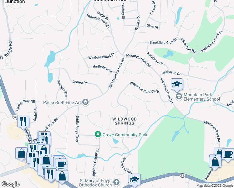 map of restaurants, bars, coffee shops, grocery stores, and more near 11950 Wildwood Springs Drive in Roswell