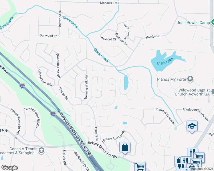 map of restaurants, bars, coffee shops, grocery stores, and more near 1872 Hamby Place Drive Northwest in Acworth