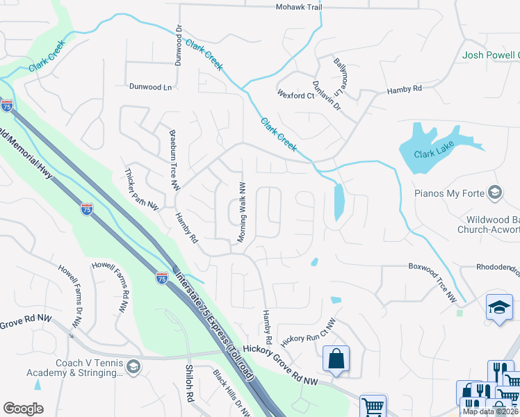 map of restaurants, bars, coffee shops, grocery stores, and more near 5021 Amber Way Northwest in Acworth