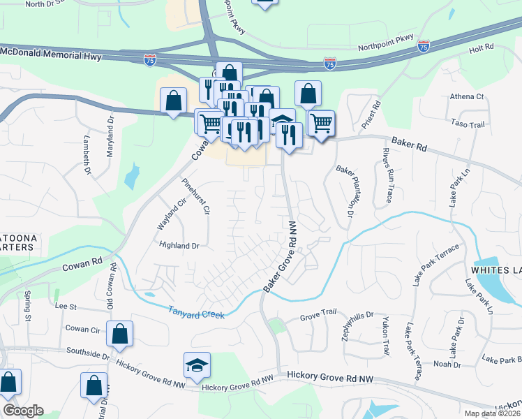 map of restaurants, bars, coffee shops, grocery stores, and more near 4946 Parke Brook Drive in Acworth