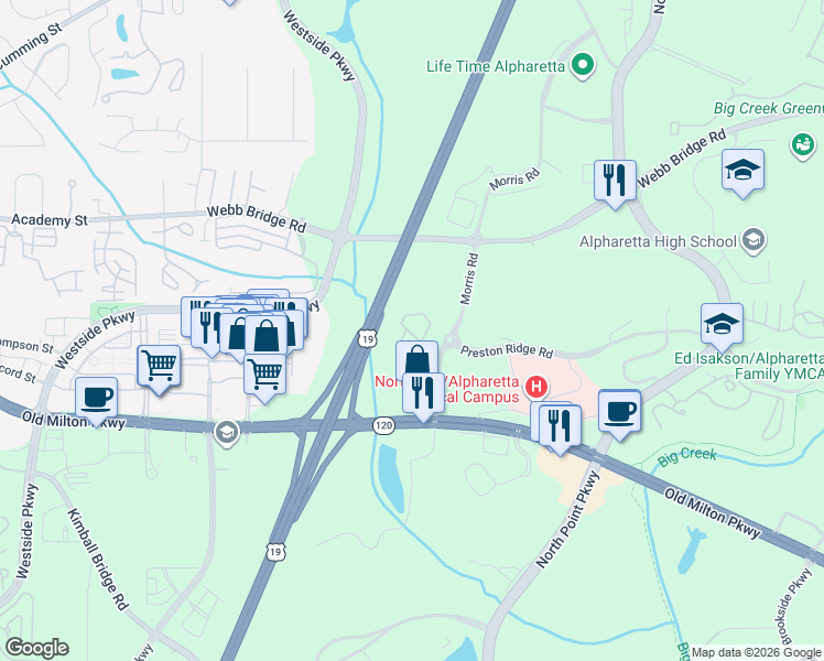 map of restaurants, bars, coffee shops, grocery stores, and more near 65 Country Place Court in Alpharetta