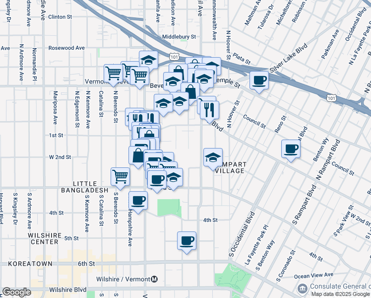 map of restaurants, bars, coffee shops, grocery stores, and more near 129 South Westmoreland Avenue in Los Angeles