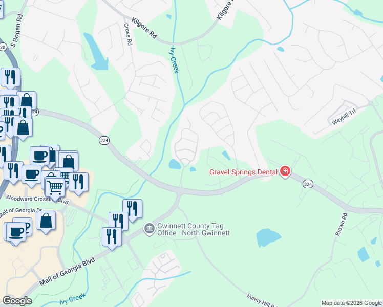 map of restaurants, bars, coffee shops, grocery stores, and more near 2169 Spikerush Way in Buford