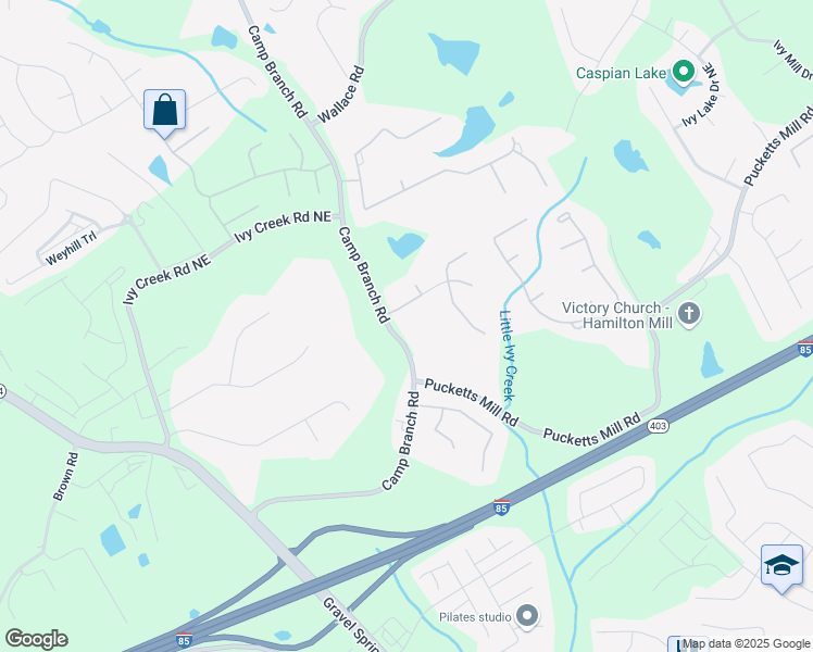 map of restaurants, bars, coffee shops, grocery stores, and more near 2753 Camp Branch Road in Buford