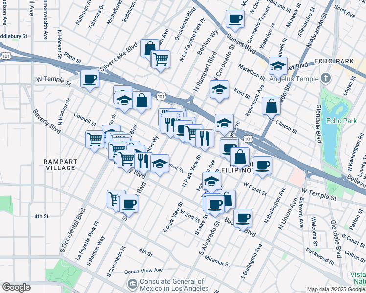 map of restaurants, bars, coffee shops, grocery stores, and more near 309 North Coronado Street in Los Angeles