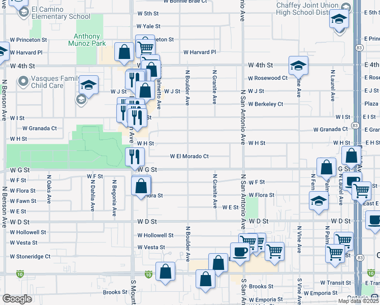 map of restaurants, bars, coffee shops, grocery stores, and more near 864 West El Morado Court in Ontario