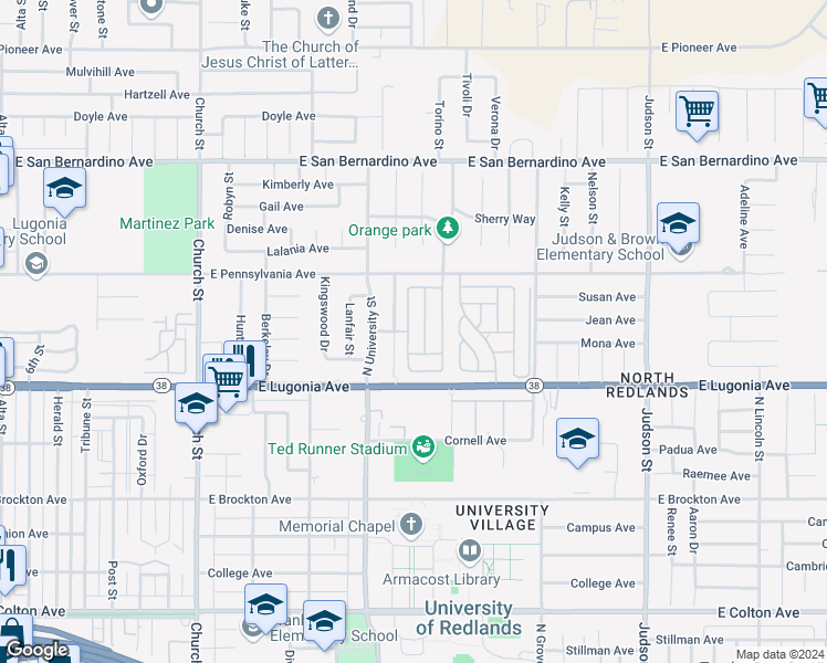 map of restaurants, bars, coffee shops, grocery stores, and more near 1336 Medallion Street in Redlands