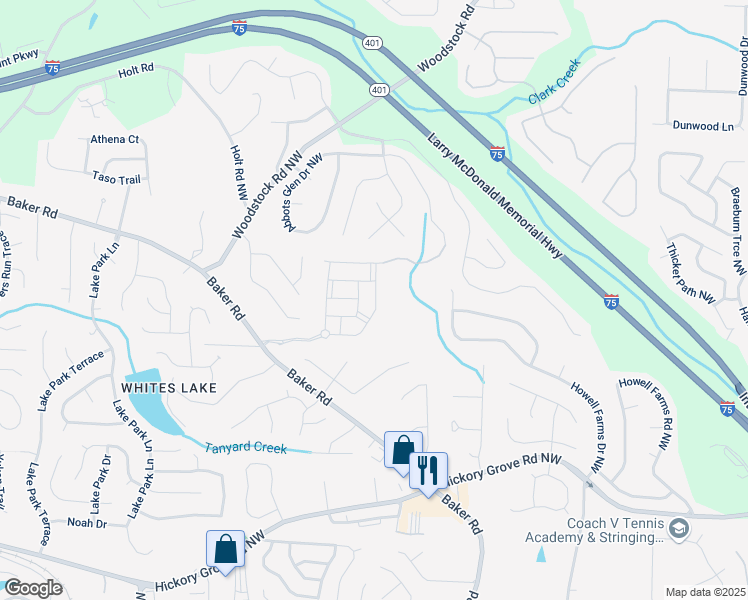 map of restaurants, bars, coffee shops, grocery stores, and more near 2429 Bayberry Street in Acworth