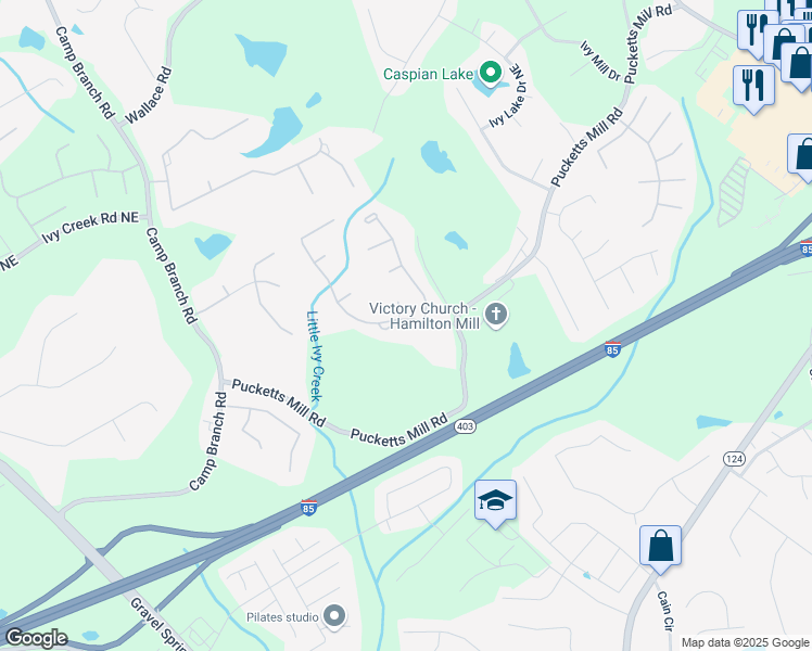map of restaurants, bars, coffee shops, grocery stores, and more near 2935 Ivy Brook Lane Northeast in Buford