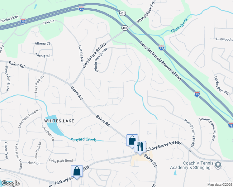 map of restaurants, bars, coffee shops, grocery stores, and more near 2820 Baker Drive in Acworth