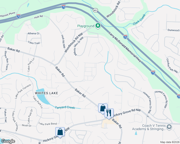 map of restaurants, bars, coffee shops, grocery stores, and more near 2820 Baker Drive in Acworth