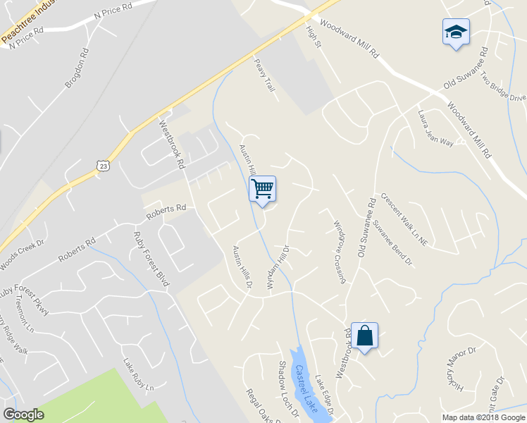 map of restaurants, bars, coffee shops, grocery stores, and more near Austin Hills Drive in Suwanee