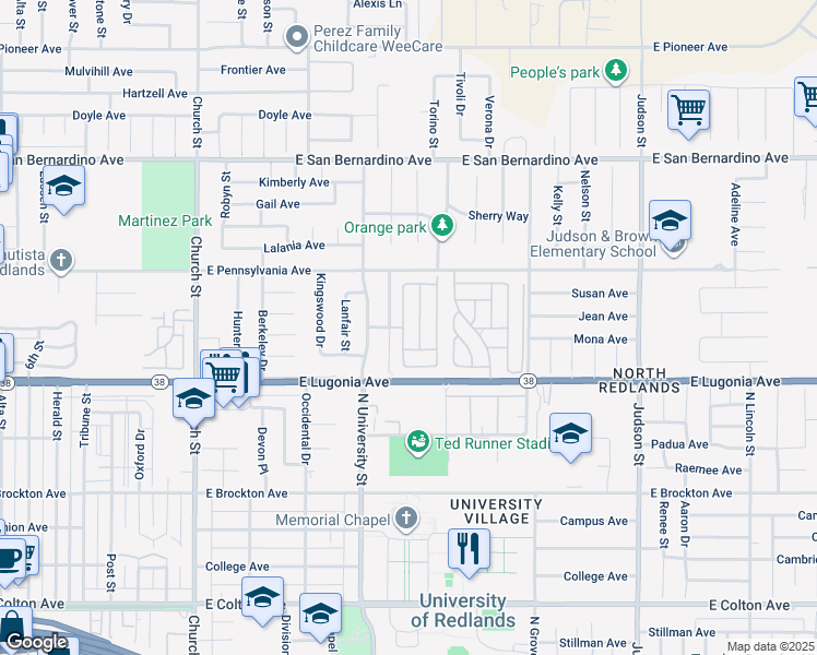 map of restaurants, bars, coffee shops, grocery stores, and more near 1336 Medallion Street in Redlands