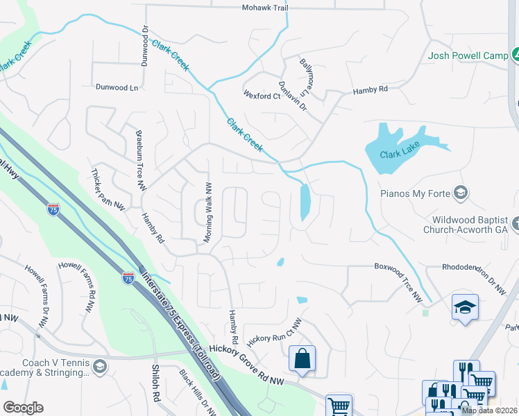 map of restaurants, bars, coffee shops, grocery stores, and more near 1872 Hamby Place Drive Northwest in Acworth