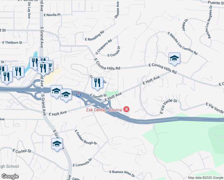 map of restaurants, bars, coffee shops, grocery stores, and more near 970 South Village Oaks Drive in Covina