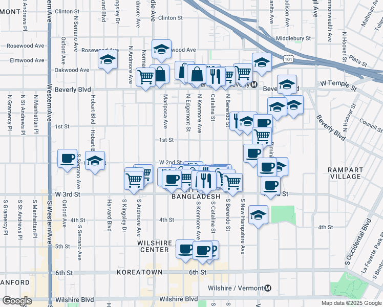 map of restaurants, bars, coffee shops, grocery stores, and more near 100 South Edgemont Street in Los Angeles