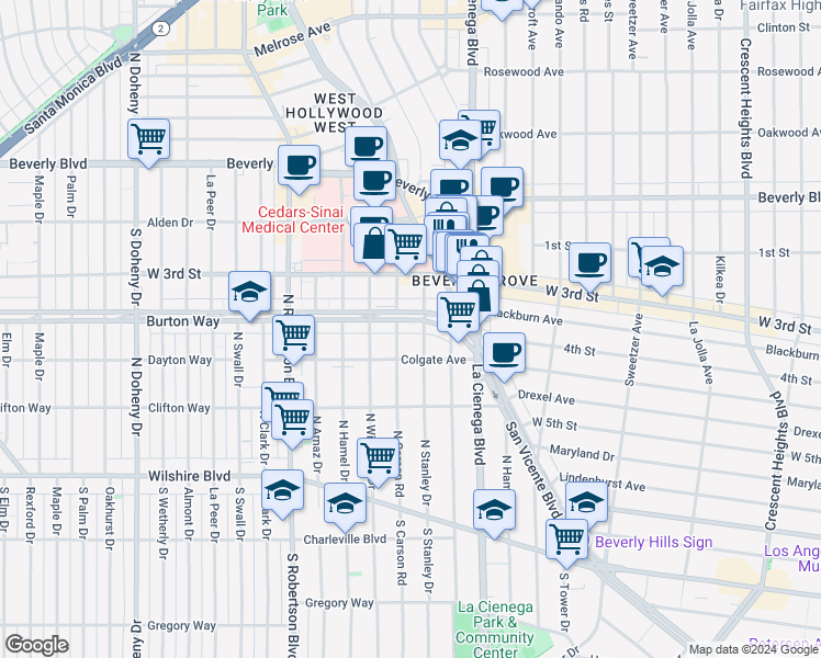 map of restaurants, bars, coffee shops, grocery stores, and more near 8568 Burton Way in Los Angeles