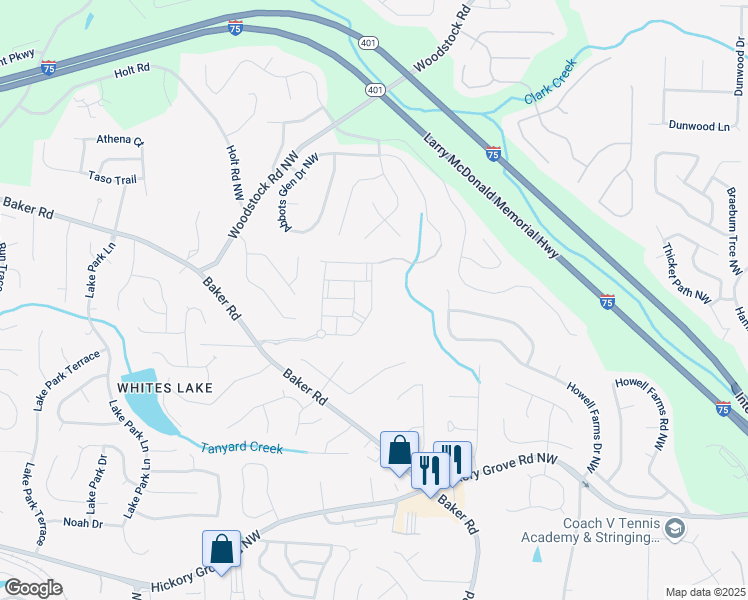 map of restaurants, bars, coffee shops, grocery stores, and more near 2820 Baker Drive in Acworth