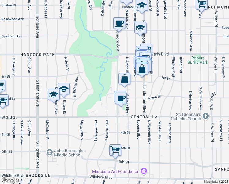 map of restaurants, bars, coffee shops, grocery stores, and more near 121 South Rossmore Avenue in Los Angeles