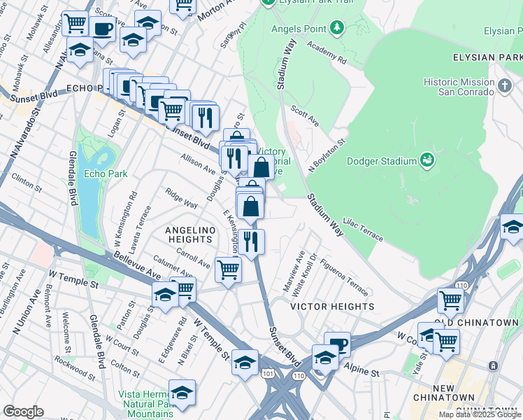 map of restaurants, bars, coffee shops, grocery stores, and more near 1313 Sunset Boulevard in Los Angeles