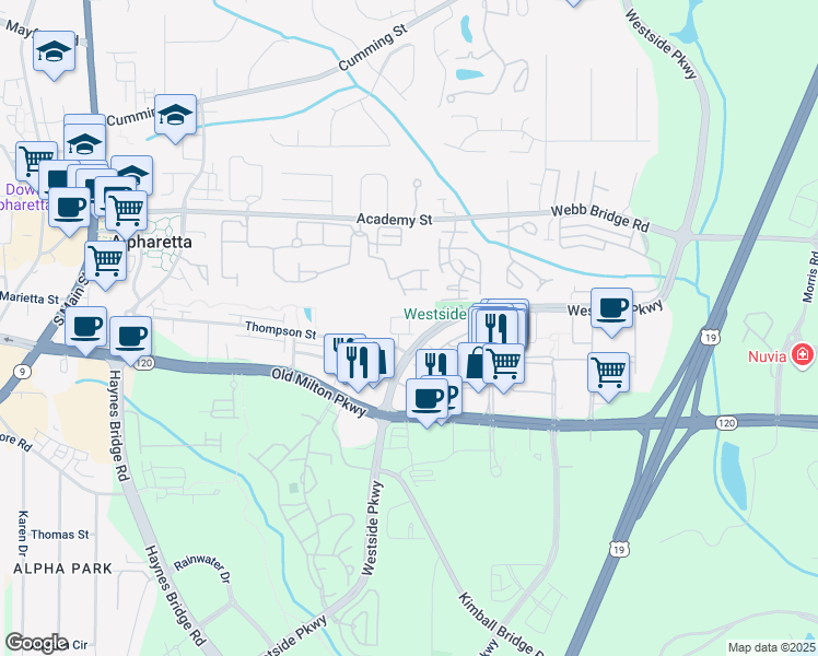 map of restaurants, bars, coffee shops, grocery stores, and more near 375 Chiswick Cir in Alpharetta