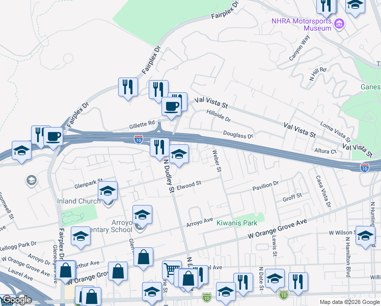 map of restaurants, bars, coffee shops, grocery stores, and more near 1424 Stratus Drive in Pomona