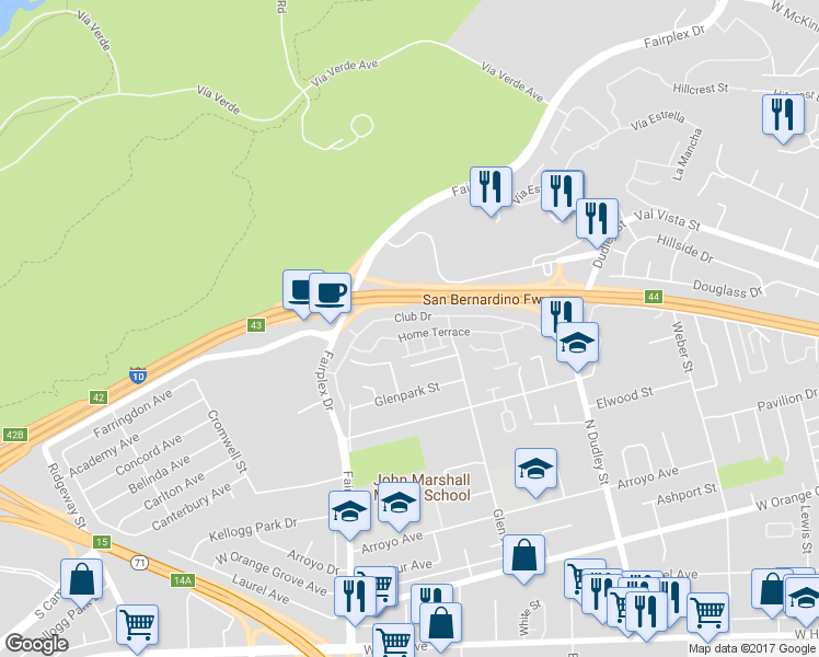 map of restaurants, bars, coffee shops, grocery stores, and more near 1773 Home Terrace in Pomona
