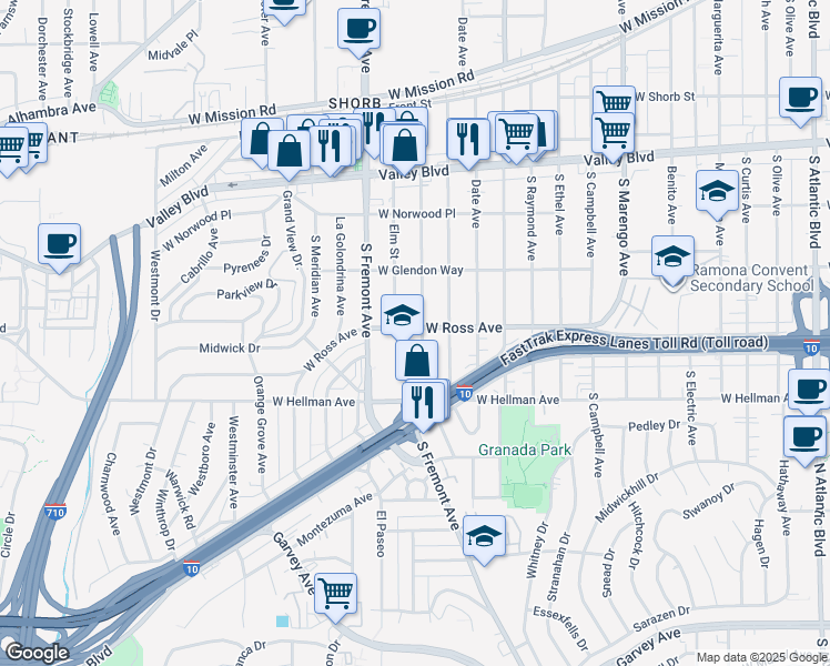 map of restaurants, bars, coffee shops, grocery stores, and more near 1903 South Primrose Avenue in Alhambra