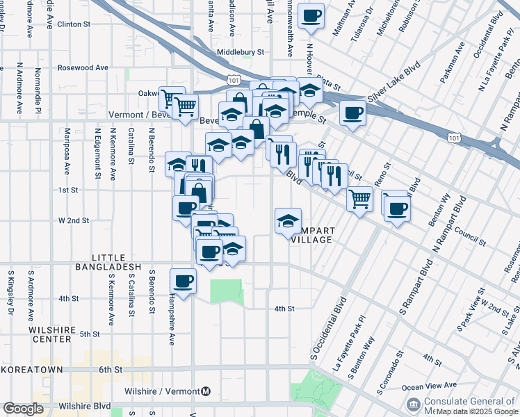 map of restaurants, bars, coffee shops, grocery stores, and more near 152 Westmoreland Avenue in Los Angeles