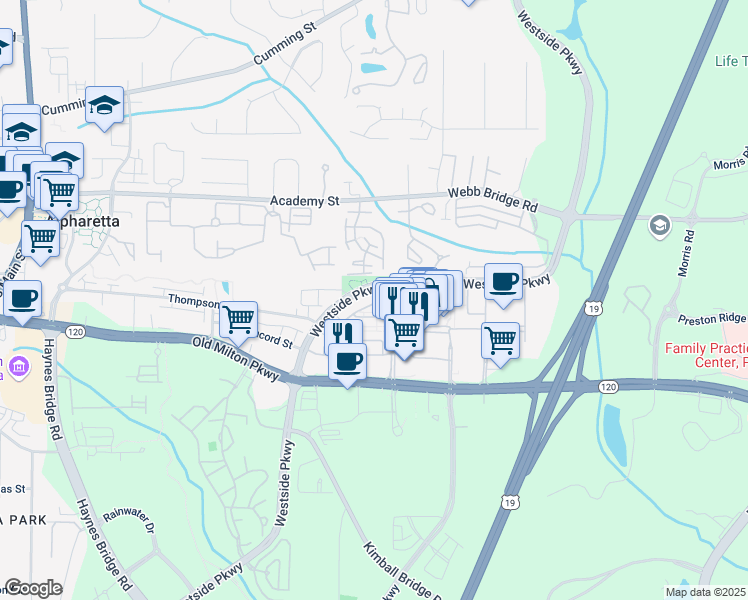 map of restaurants, bars, coffee shops, grocery stores, and more near 100 Grand Crescent in Alpharetta