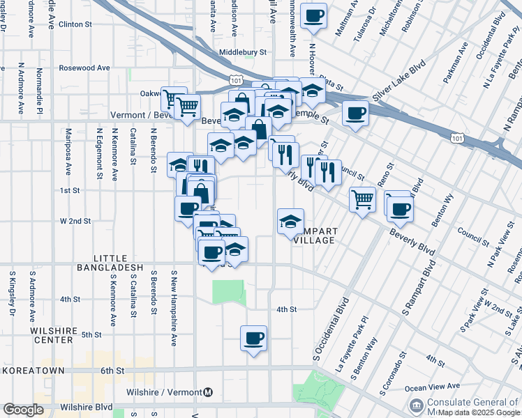 map of restaurants, bars, coffee shops, grocery stores, and more near 152 Westmoreland Avenue in Los Angeles