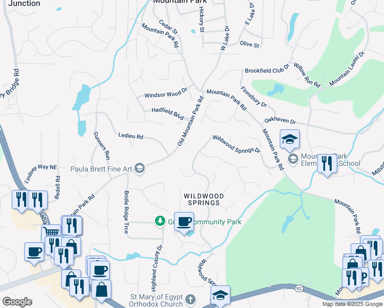map of restaurants, bars, coffee shops, grocery stores, and more near 11950 Wildwood Springs Drive in Roswell
