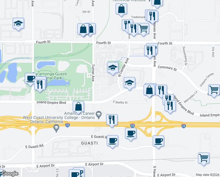 map of restaurants, bars, coffee shops, grocery stores, and more near 3231 Triumph Lane in Ontario