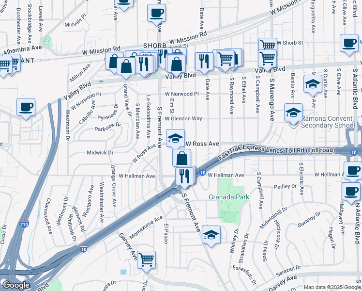 map of restaurants, bars, coffee shops, grocery stores, and more near 1903 South Primrose Avenue in Alhambra