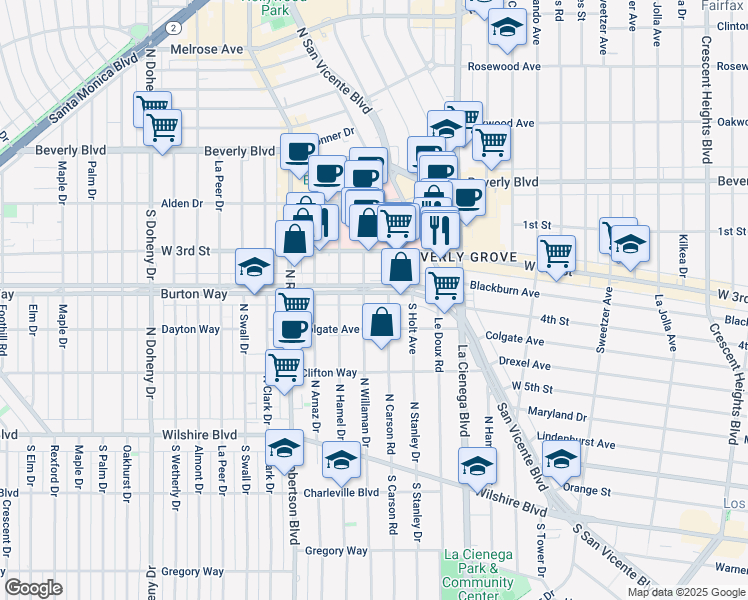 map of restaurants, bars, coffee shops, grocery stores, and more near 8614 Burton Way in Los Angeles