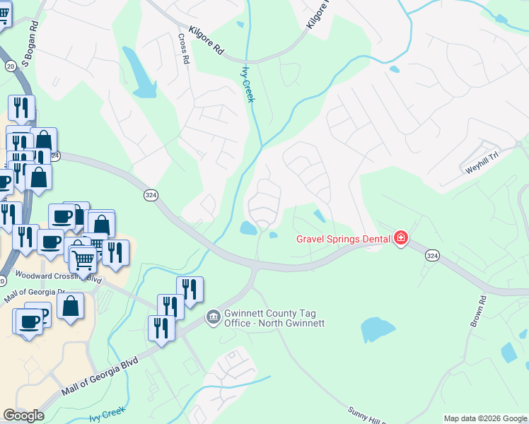 map of restaurants, bars, coffee shops, grocery stores, and more near 3051 Cedar Glade Lane Northeast in Buford