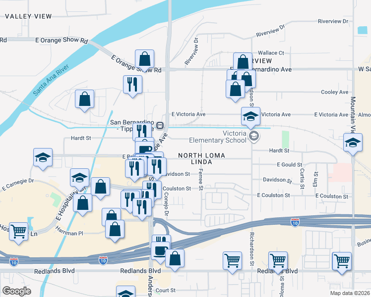 map of restaurants, bars, coffee shops, grocery stores, and more near 1286 Hardt Street in San Bernardino