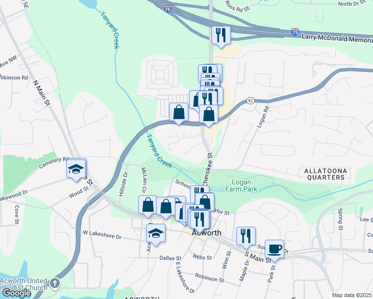 map of restaurants, bars, coffee shops, grocery stores, and more near 5037 Jenny Drive in Acworth